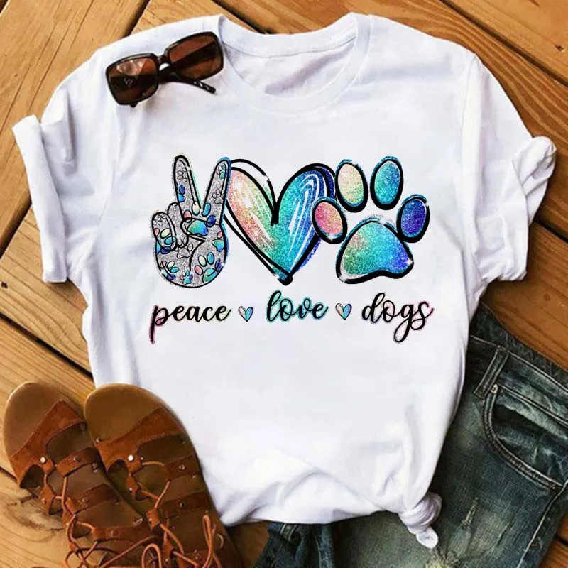 

Maycaur Fashion Women Dogs Paws T Shirt Peace Love Dogs Funny Casual O-neck Short Sleeves T-shirt Summer Kawaii Female Tee Shirt