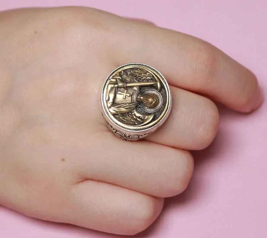 27g Big ARCHANGEL MICHAEL Religious Art Relief Gold Rings Customized 925 Solid Sterling Silver Many Sizes 6-13