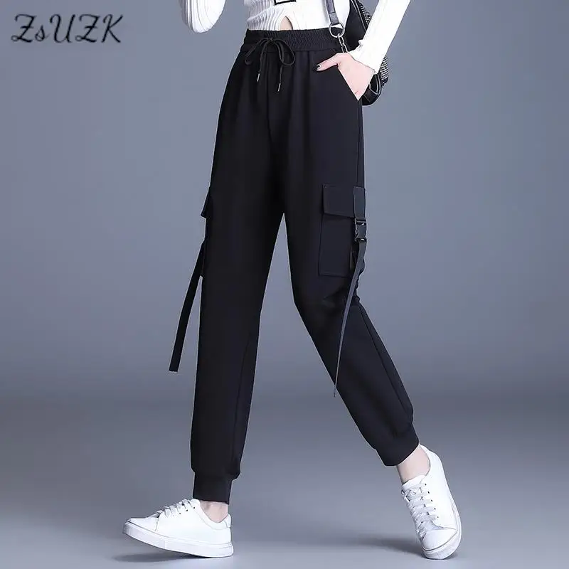 

Women's Cargo Pants Black Ribbon Pocket Jogger Elastic Waist Harajuku Pant Punk Females High Streetwear Trousers Harem Pants