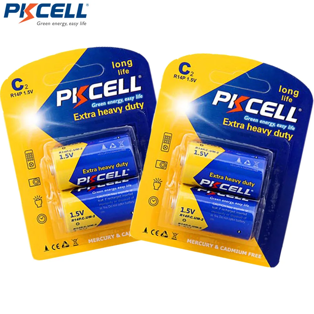 

4 батареи PKCELL Super Heavy Duty R14P C Size UM2, 1,5 вольт, сухая батарея из углеродного цинка, 2 карты