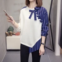 womens autumn fat fake two piece sweater chiffon irregular striped shirt long sleeved top harajuku hoodie korean