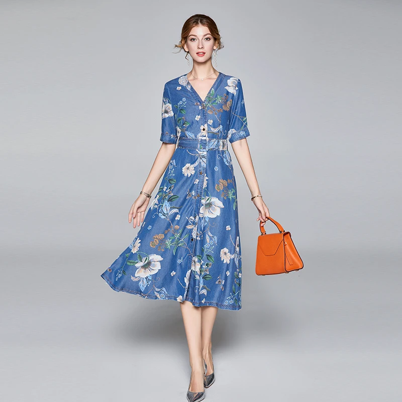 

JSXDHK Elegant Summer Women Soft Denim Dress 2022 New High Quality Single Breasted Flower Print V Neck Slim Waist Jean Dresses
