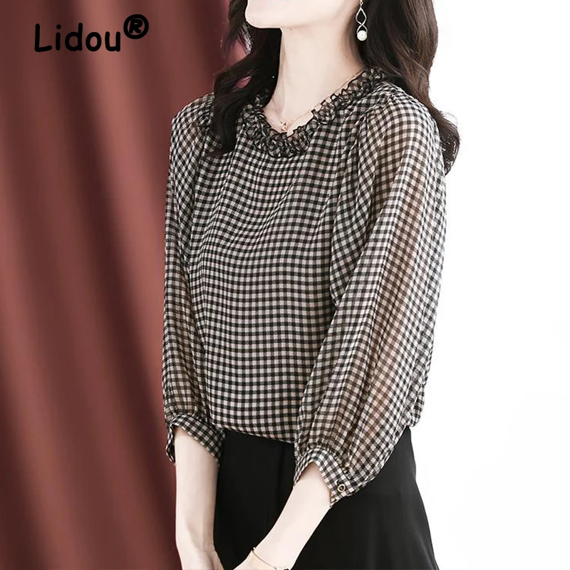 

2022 Spring Women Fashion Casual Korean Round Neck Half Sleeves Houndstooth Chiffon Blouse Sweet Lattice Oversized 4XL Loose Top