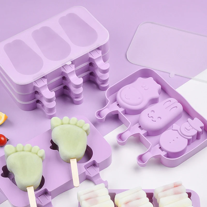 

2Pcs/set Cartoon Kids Ice Cream Mold With Lids Silicone Popsicle Mold Reusable Ice Pop Mold For DIY Making Summer Favorites