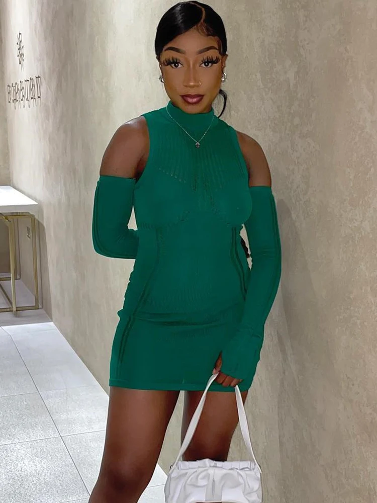 

Sifreyr Knitted Hollow Out Bodycon Dress Women 2022 Summer Turtleneck Long Sleeve Sexy Mini Dresses Off Shoulder Party Outfits
