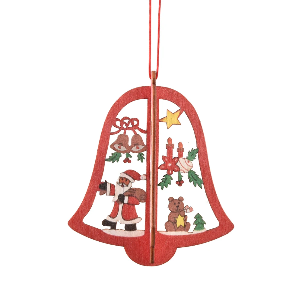 

6pcs Home Christmas Hanging Ornament Tree Bell Wooden Pendants Snow Accessories Door Small Festival Crafts Holiday Hollowed Out