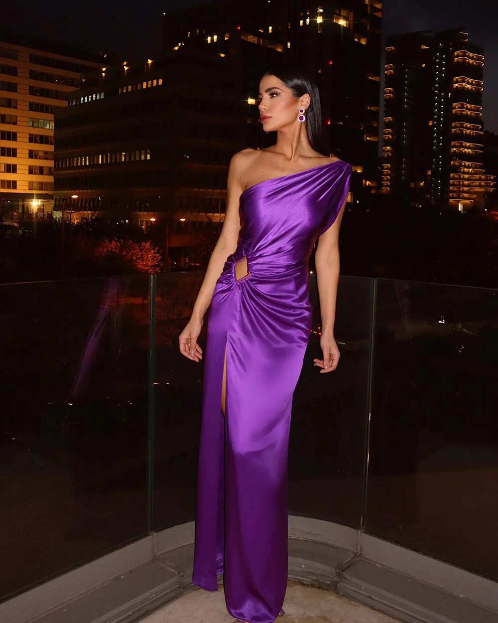 Women Purple Long Gown Sexy One Shoulder Skinny Draped Sleeveless Celebrity Party Dress Cutout High Slit Evening Dress