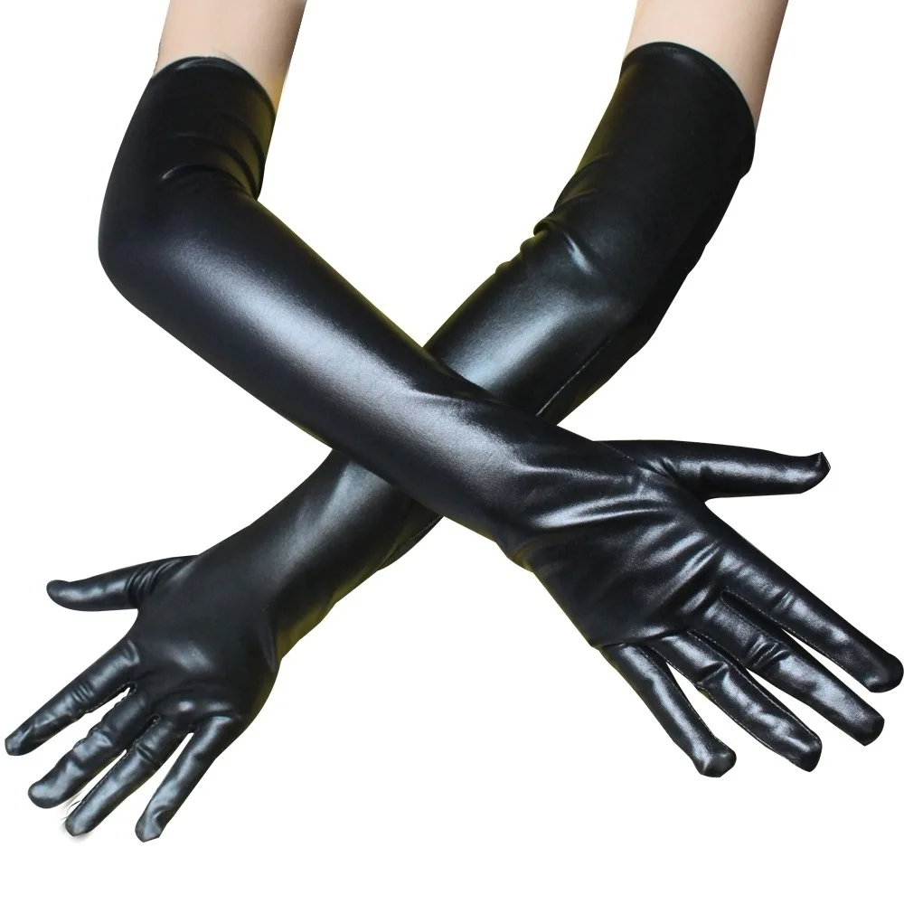Sexy Stretch PU Leather Skinny Long Glove Punk Rock Hip Hop Jazz Disco Dance Gloves Shiny Metallic Mittens Cosplay Accessory
