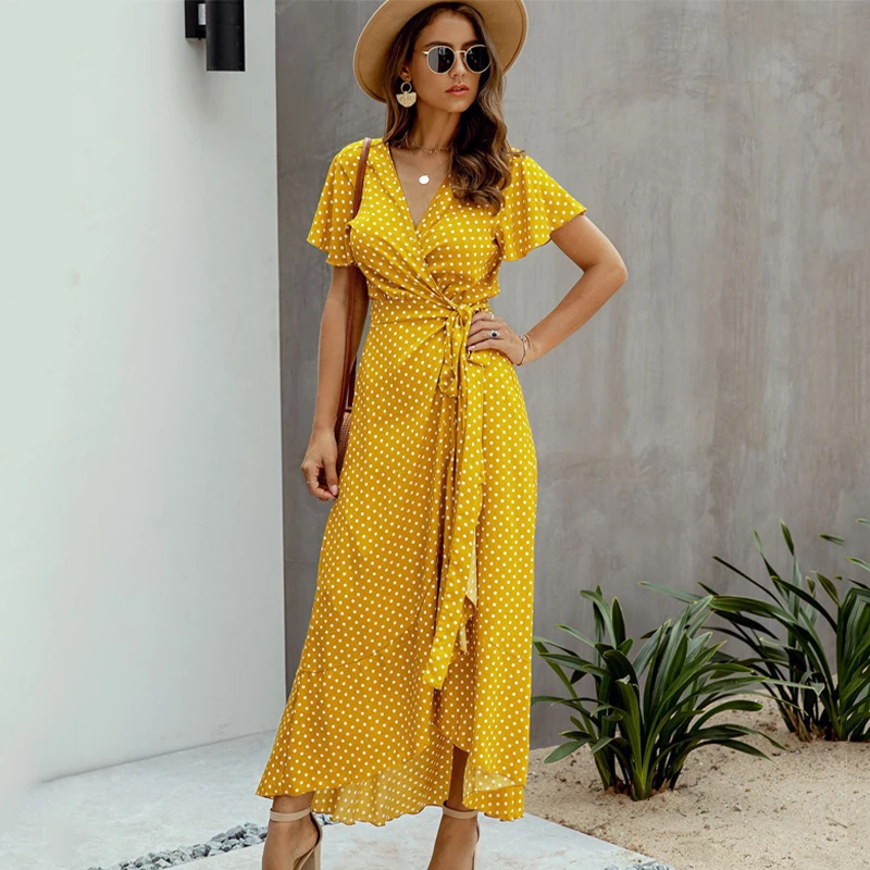 

Summer Long Dress Female Polka Dot Sexy V-neck Ruffle Short-sleeved Beach Vacation Summer Dress Ladies Lace Wrap Party Dress