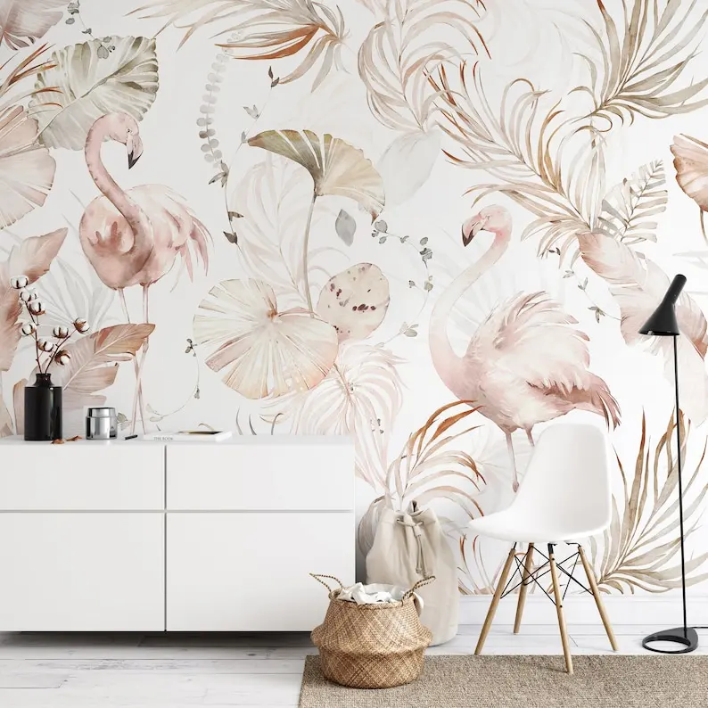 

Soft Flamingo Art Wallpaper | Boho Tropical Leaf Peel and Stick Wall Mural | Scandinavian Palm Leaves Wallpaper