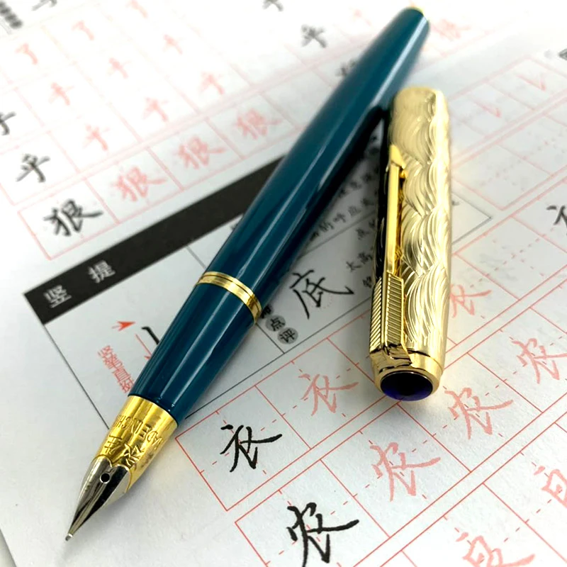 601A Fountain Pen Wave Golden Cap Vacumatic Fountain Pen Fine Nib Solid Dark Blue Fine Nib Office Supplies Gifts Pens