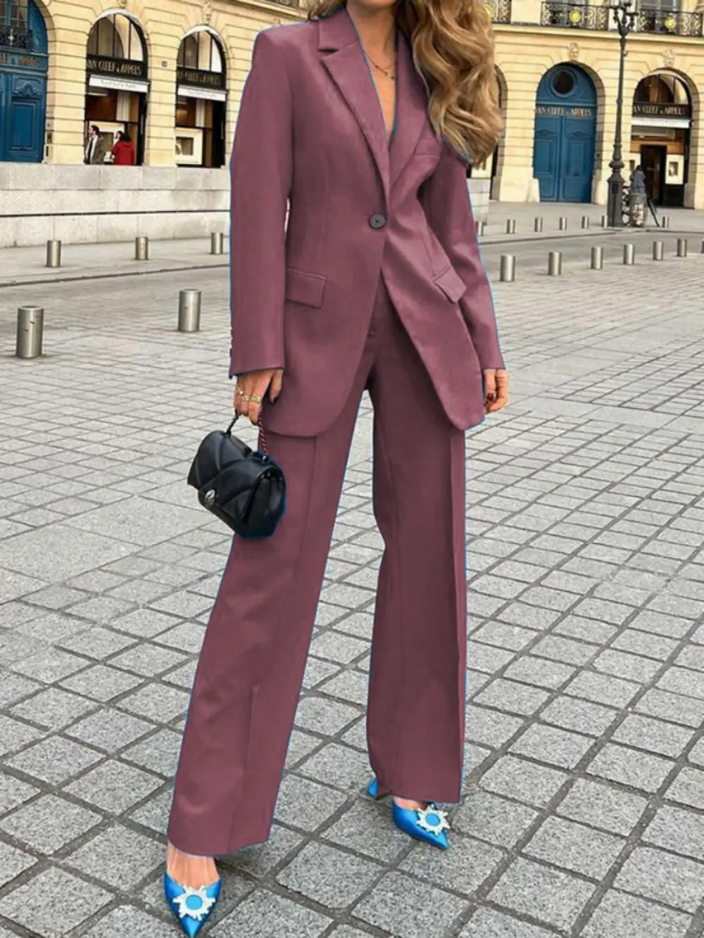 2023 Womens Suits Fashion Single Buttons Business Blazer Solid Casual Coat Trousers 2 Pcs Set Office Ladies Wear Wide-Leg Pants