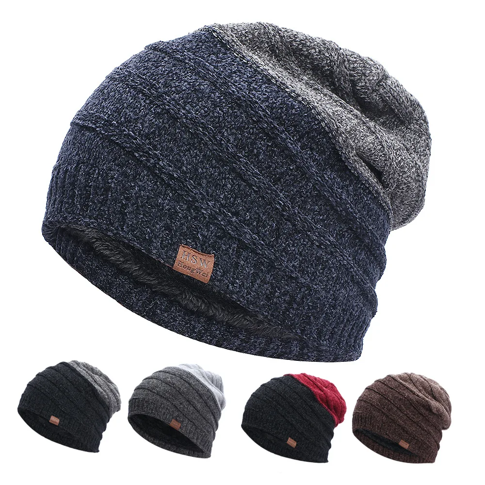 

Fashion Casual Woolen Hat Plus Velvet Thickened Beanie Hats for Men Causal Striped Knitted Warm Ski Climbing Bonnets for Women