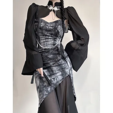 Шифоновое уличное платье LEDP с V-образным вырезом в китайском стиле на бретелях-спагетти элегантные Макси-платья для женщин винтажное платье без рукавов