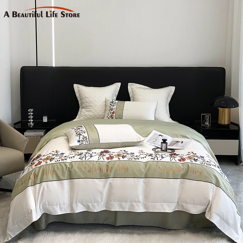 

1000TC Satin Egyptian Cotton Luxury Bedding Set Flowers Embroidered Duvet Cover Set Soft Bed Sheet Pillowcases Bed Sets