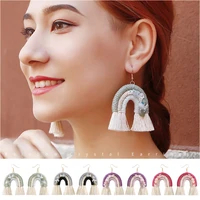 bohemian hand woven cotton thread earrings artificial rhinestones pearl sue earrings rainbow earrings jewelry