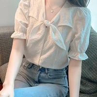 sweet v neck bow puff sleeve folds button loose chic shirt summer new casual tops oversized commute fashion woman blouses 2022