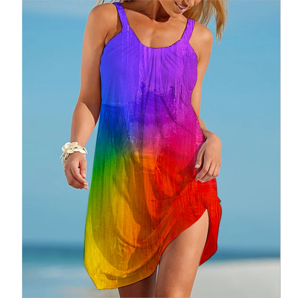 

Женское летнее платье миди без рукавов, с принтом радуги