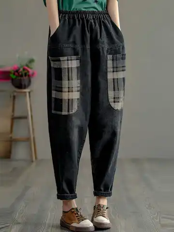 Women Casual Boyfriend Jeans New Arrival 2022 Vintage Style Patchwork Plaid All-match Loose Female Denim Harem Pants D125
