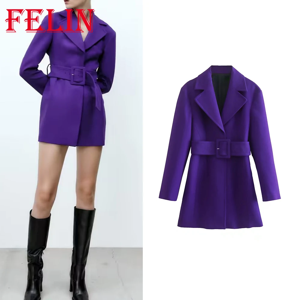 

TRAF Autumn Women 2022 Purple Vintage Blazer Dress V Neck Belt Dress Long Sleeve Sheath Mini Party Dress Fashion Lady Dress