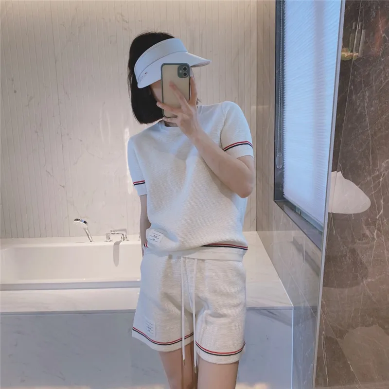 Summer Tb Striped Cotton Knitted Contrast Color Niche Design Short-sleeved + Sports Shorts Two-piece Women's