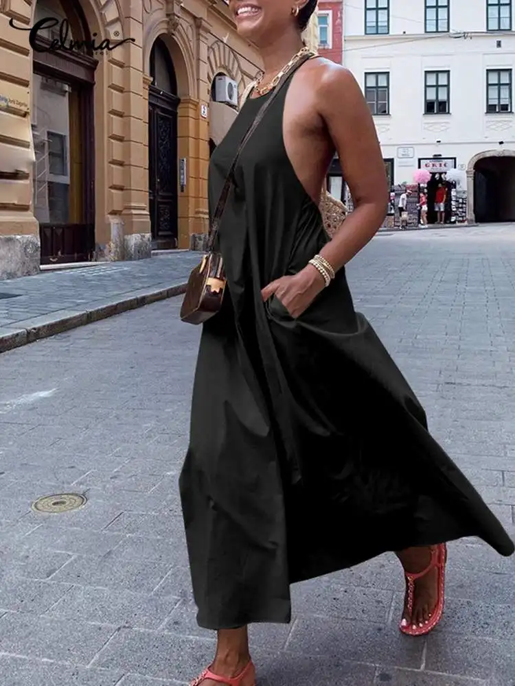 

Праздничное платье-макси Celmia с открытой спиной, летнее однотонное платье с лямкой на шее, платье с низкой спиной и бретельками, женская уличная одежда, модный сарафан, 2023