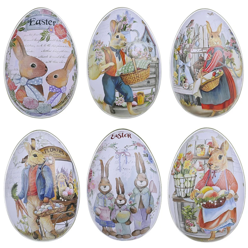 

1pc Easter Egg Tinplate Box Cartoon Rabbit Printed Fillable Metal Eggs Candy Chocolate Boxes Gift Bags Happy Easter Bunny Decor