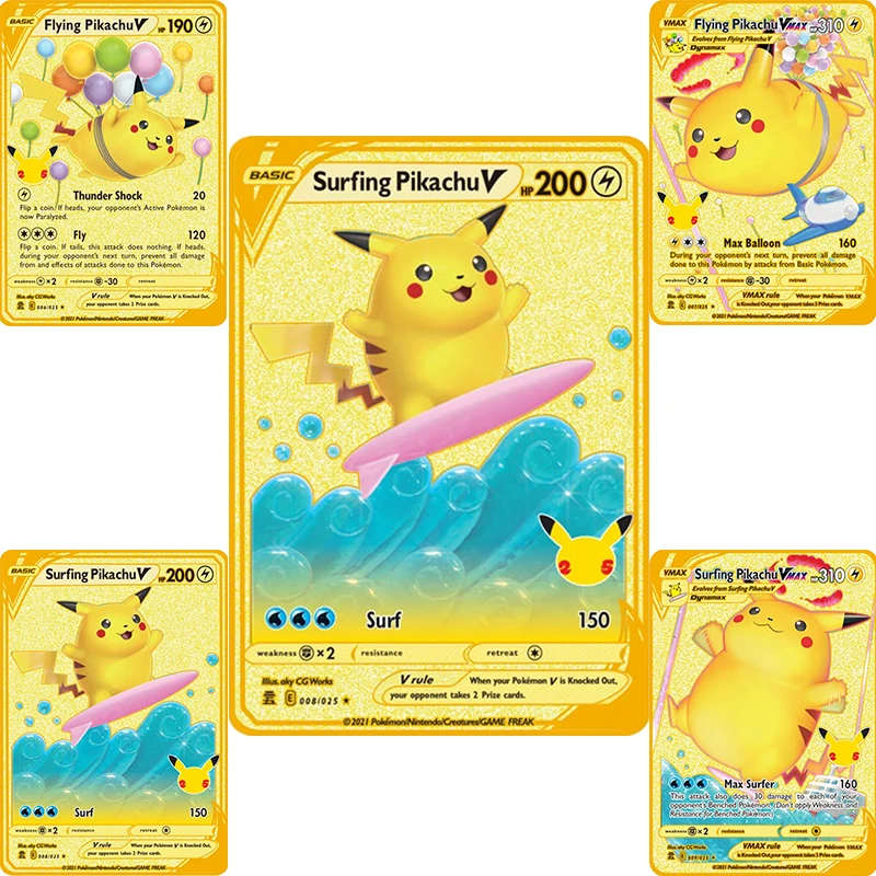 

25th Pokemon Gold Card Metal Card Game Anime Fighting Pokemon Gold HP English Card Action Collection Children's Gift Toys