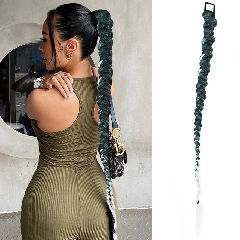Ombre Green Synthetic Chignon Tail With Rubber Band Hair Ring Long Boxing Braids Crochet Braid Hair Ponytail Extensions