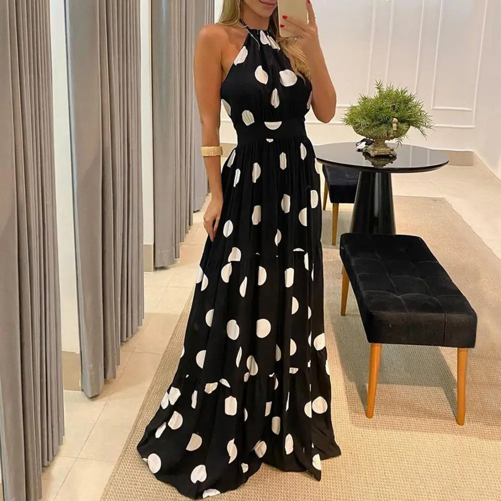 

Soft Clothes Bohemian Polka Dot Print Waist Tight Long Dress for Party