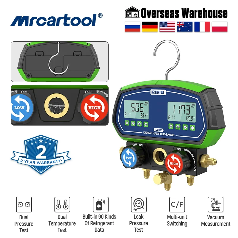 

MRCARTOOL L302 Air Conditioner Refrigerant Leak Tester Pressure Gauge HVAC Vacuum Temperature Test Digital Manifold Meter Tools