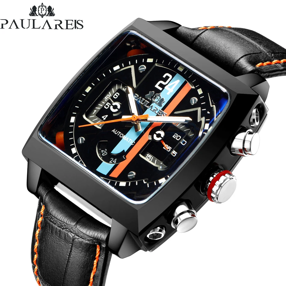 Men Automatic Self Wind Mechanical Genuine Leather Stainless Steel Black Orange Blue Casual 40mm Perspective See Through Watch
