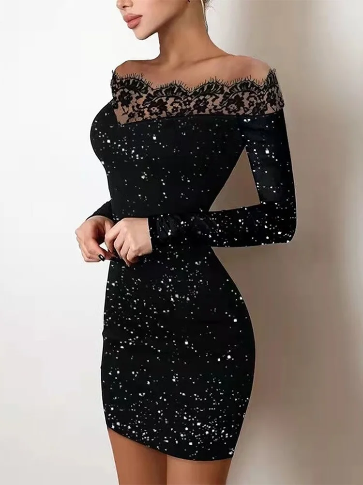 

Spring Off Shoulder Splicing Lace Dress Sexy Slim-Fit Bright Silk Bag Hip Black Dress Fashion Elegant Women New Mini Party Dress