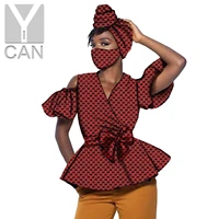african clothes dashiki women ankara print ruffles sleeve v neck top shirts match headwrap bazin riche female outfits s2124008