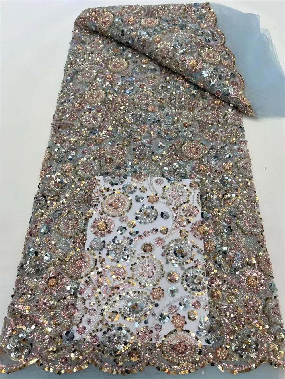 Небесно-голубая новейшая французская тюлевая кружевная ткань с бисером