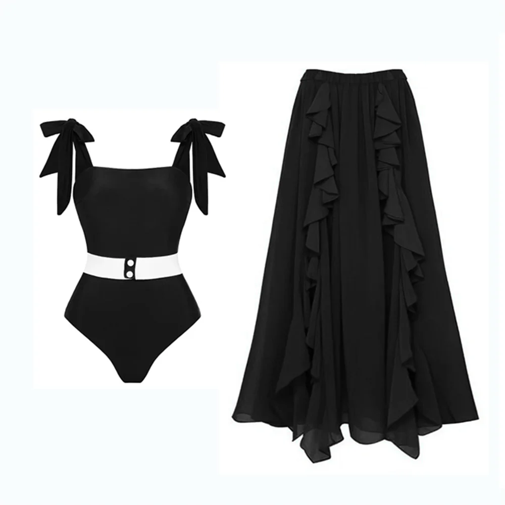 

Black Tie-Shoulder One Piece Swimsuit for Woman 2023 New Reversible Vintage Swimwear Female Monokini Beach Skirt Bathing Suit