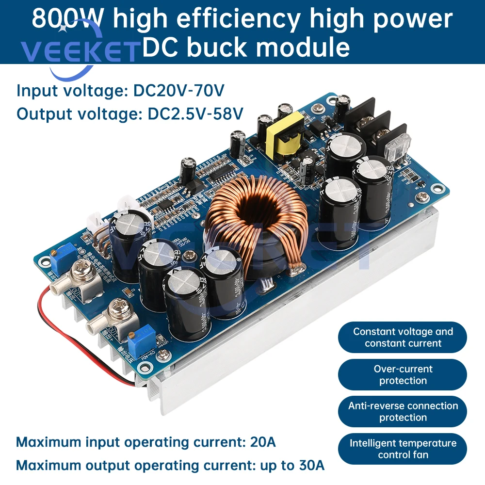 Регулируемый понижающий модуль питания DC-DC DC20V-70V до DC2.5V-58V 30A 800W