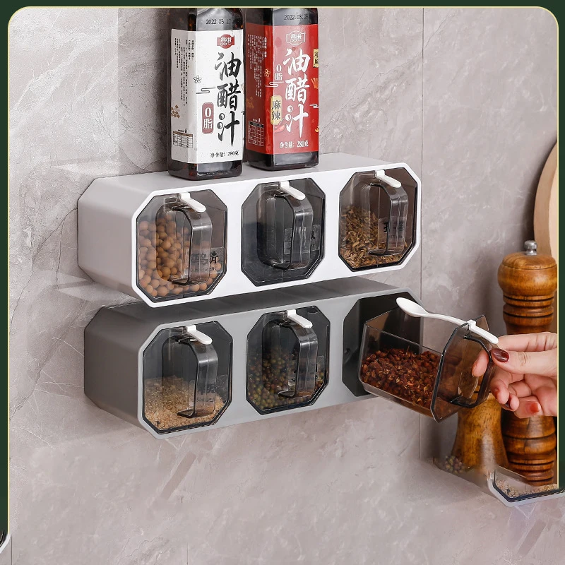 

Nail-Free Wall Mount Spice Rack Organizer Sugar Bowl Salt Shaker Seasoning Container Kitchen Supplies Storage Set Spice Boxes