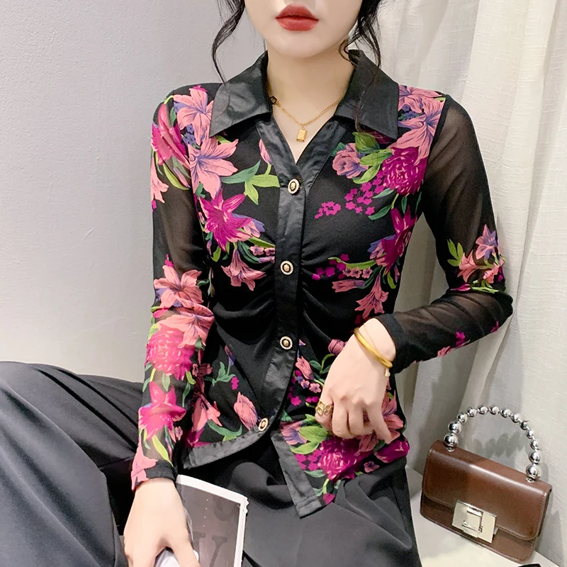 #7364 сетчатая рубашка с цветочным принтом Женская облегающая короткая отложным