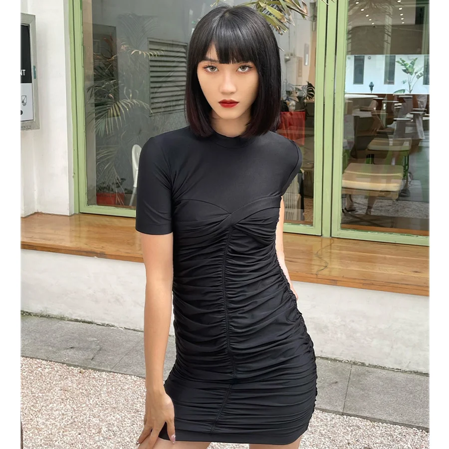 style 22 New luxury European splicing pleated Sexy women dress short sleeve tight lady dress skirt cocktail party dress skirt