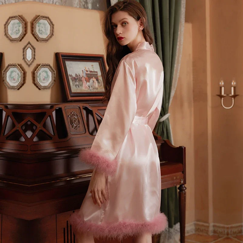 Халат женский атласный с перьями Элегантная пижама мехом ночная рубашка для