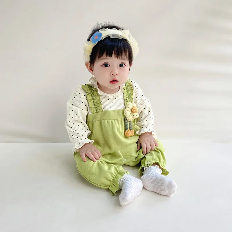 

Детские хлопковые комбинезоны для девочек, Осенние Комбинезоны для младенцев с цветочной аппликацией, имитация двух частей, боди Partysu, Детские корейские Комбинезоны, 2023