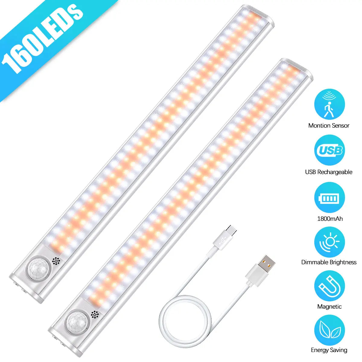 

LED Closet Light 160 LEDs Lamp with Motion Sensor Light Kitchen Lighting USB Rechargeable Under Cabinet Lights for Bedroom
