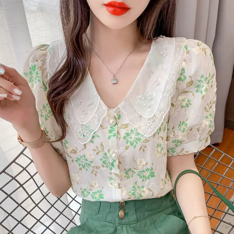 

Женские летние повседневные укороченные топы с пышными рукавами 2022, женские модные блузки с цветочным принтом, винтажные женские облегающие пикантные шифоновые рубашки B02