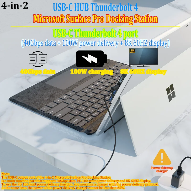 Док-станция USB-C Thunderbolt 4 HUB 40 Гбит/с данных 100 Вт зарядка 8K 60 Гц дисплей Microsoft