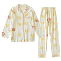 new cute women girls pure cotton pajamas set turn down collar cartoon lovely spring sleepwear set pajama for female