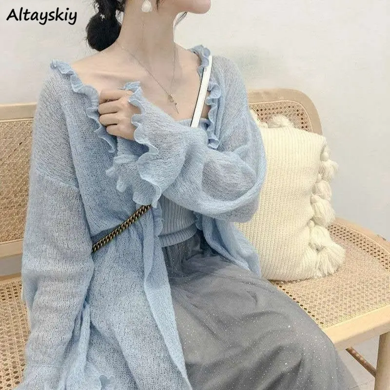 

Кардиганы женские свободные осенние в стиле преппи с длинным рукавом солнцезащитные женские элегантные милые Женские однотонные нежные дизайнерские кардиганы с оборками