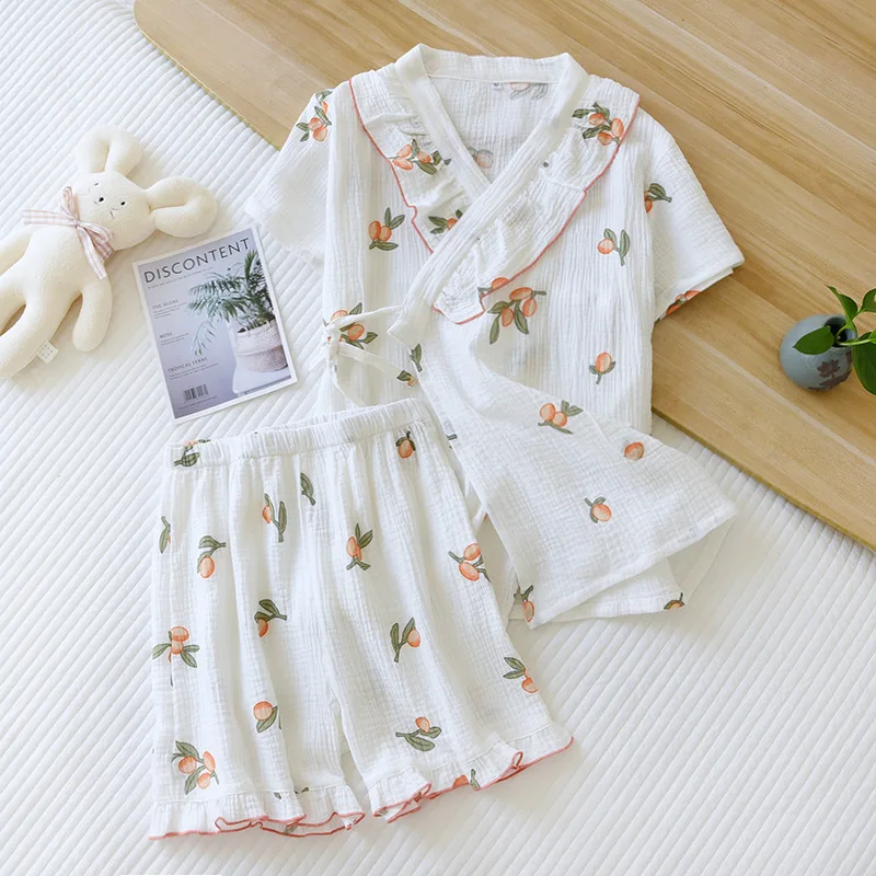 

Kimono Pajamas Set Short-sleeved Shorts Cotton Crepe Summer Japanese-style Large Lace Collar Thin Home Clothes Girl Sauna Sweat