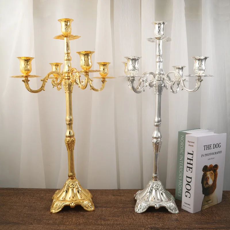 

Modern Golden Plated 5-Arms Floor Candelabra, 65cm Height Wedding Candle Holder, Centerpiece Candle Stick 12 PCS/ Lot
