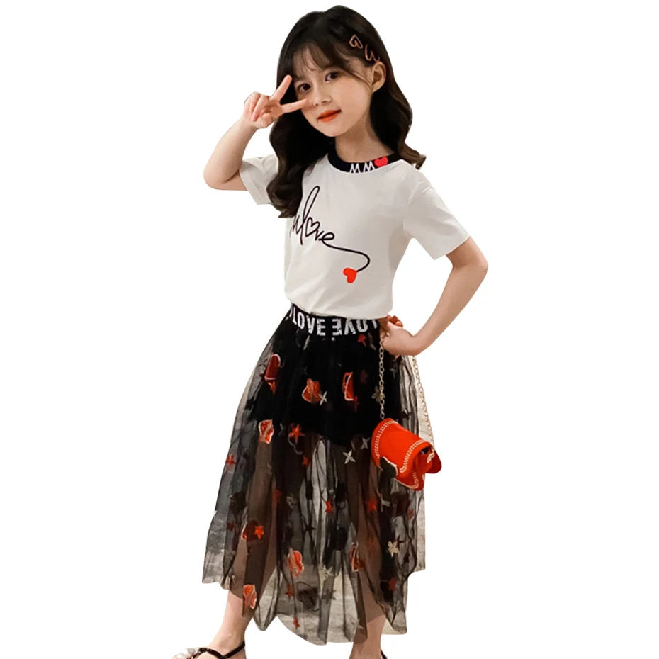 

Girls Summer Clothing Heart Pattern Girls Outfits Tshirt Mesh Skirt Girls Sets Clothing Teenage Children's Tracksuit